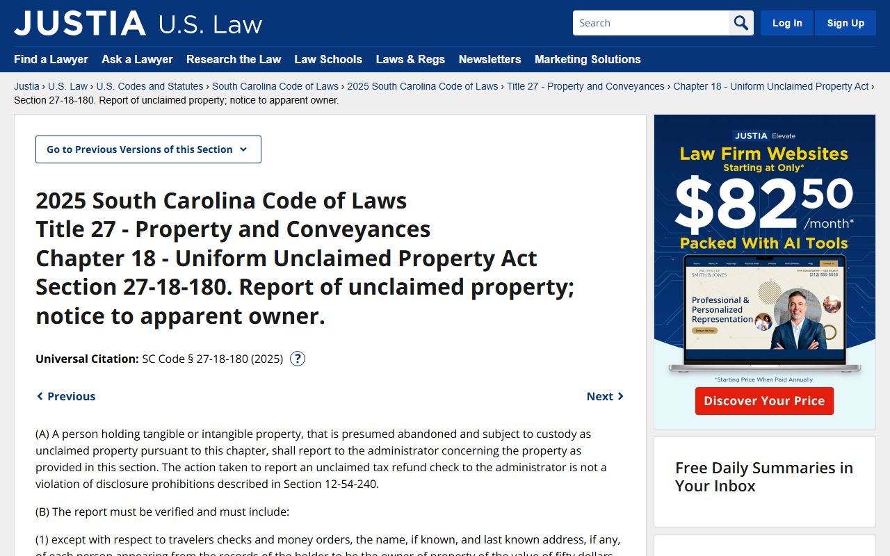 Justia law South Carolina unclaimed property reporting requirements section 27-18-180 unclaimed money