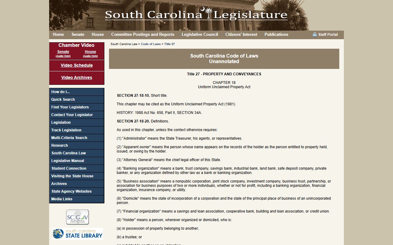South Carolina code of laws Title 27 Chapter 18 unclaimed property act unclaimed money
