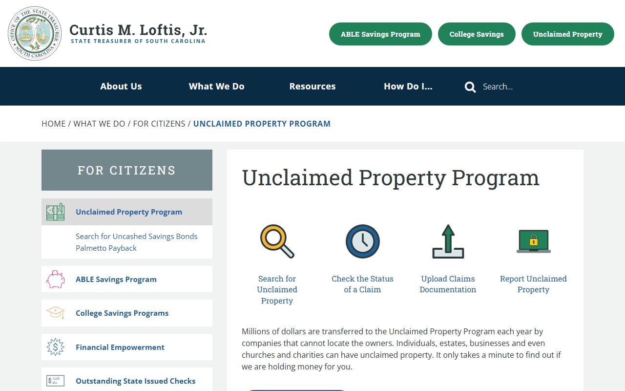 South Carolina State Treasurer unclaimed property program page unclaimed money