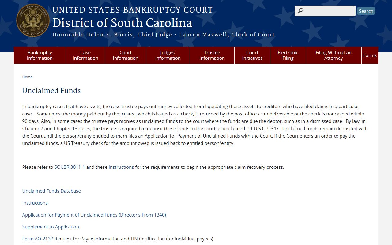US Bankruptcy Court District of South Carolina unclaimed funds page unclaimed money